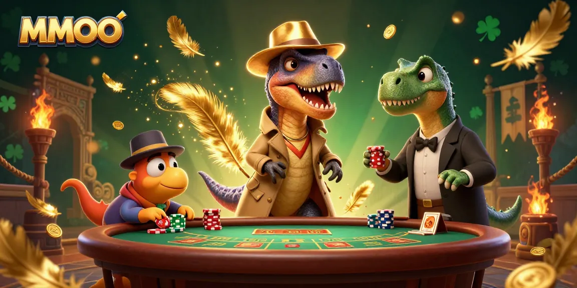 MMOO showcases a velociraptor card counter at blackjack with a pit boss in a vibrant casino scene.