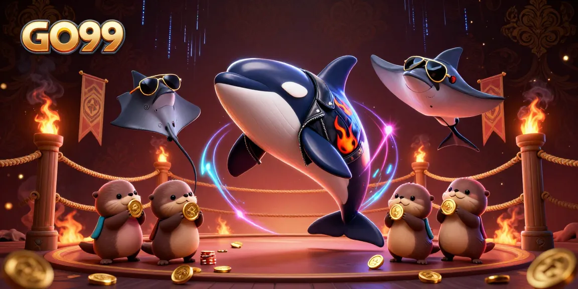 GO99 showcases a vibrant scene with a cartoon orca, stingray, and otters, celebrating casino wins.