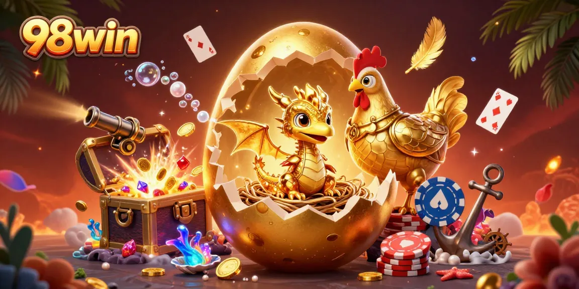 Experience the thrill of 98win with a golden baby dragon among poker chips and treasures.