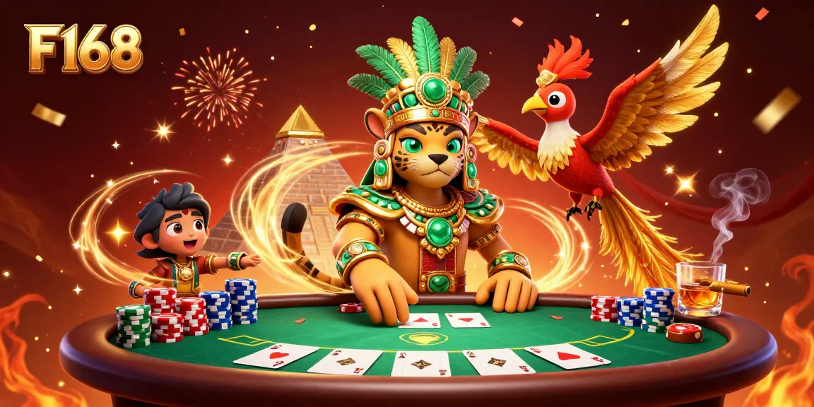 Engage with F168's stunning poker scene featuring a Mayan priest, quetzal bird, poker elements.