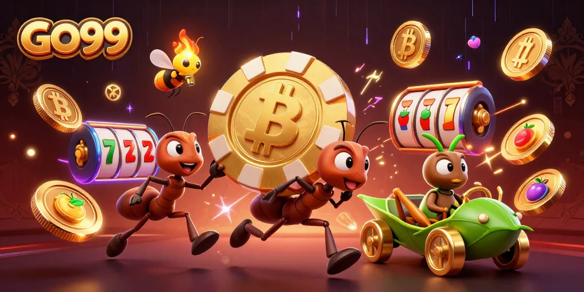 GO99 ants heist scene with massive poker chip, crypto coins, and vibrant casino elements